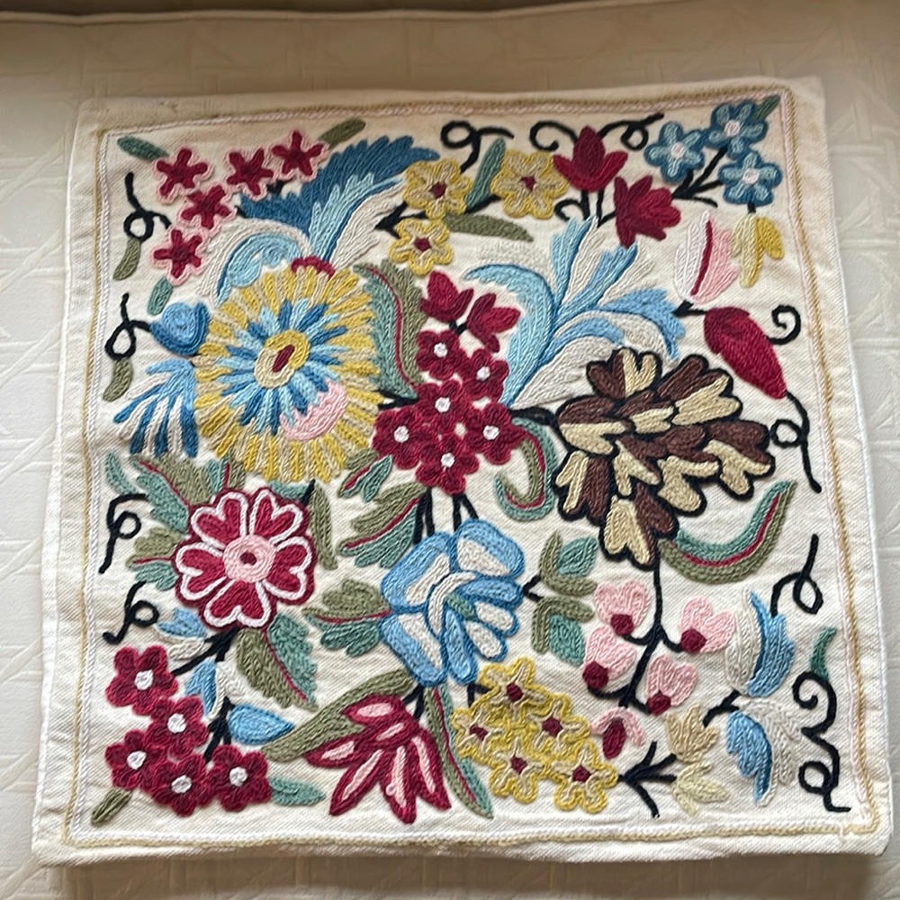 Vintage Crewel Pillow Cover 15.5” by 15.5”